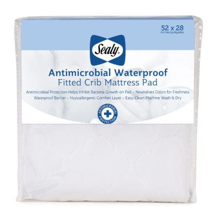 Sealy Baby Antimicrobial Fitted Waterproof Baby Crib Mattress Protector, Crib Mattress Topper, Crib Mattress Pad, Toddler Bed Mattress Protector, Machine Washable/Dryer Friendly, 52” x 28”- White